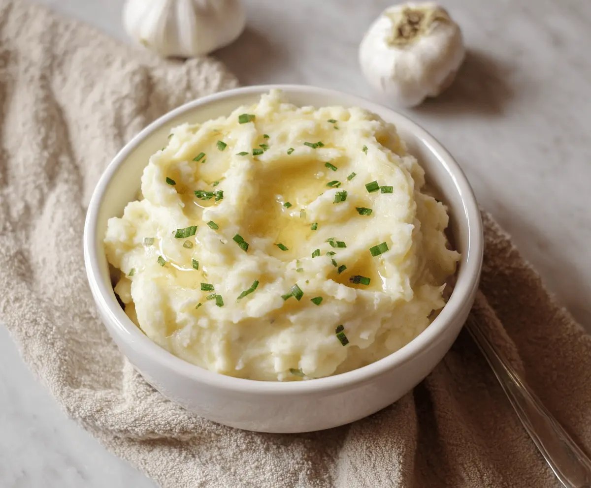 Creamy garlic mashed potatoes garnished with fresh herbs, perfect as a comforting side dish.