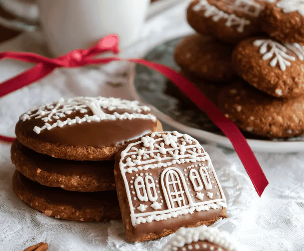Delicious German Gingerbread Cookies decorated with icing and colorful sprinkles for festive baking.