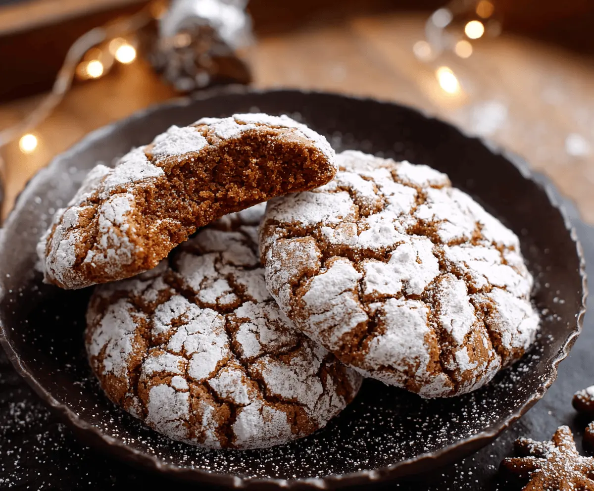 Delicious gingerbread crinkle cookies with powdered sugar dusting, perfect for holiday treats.