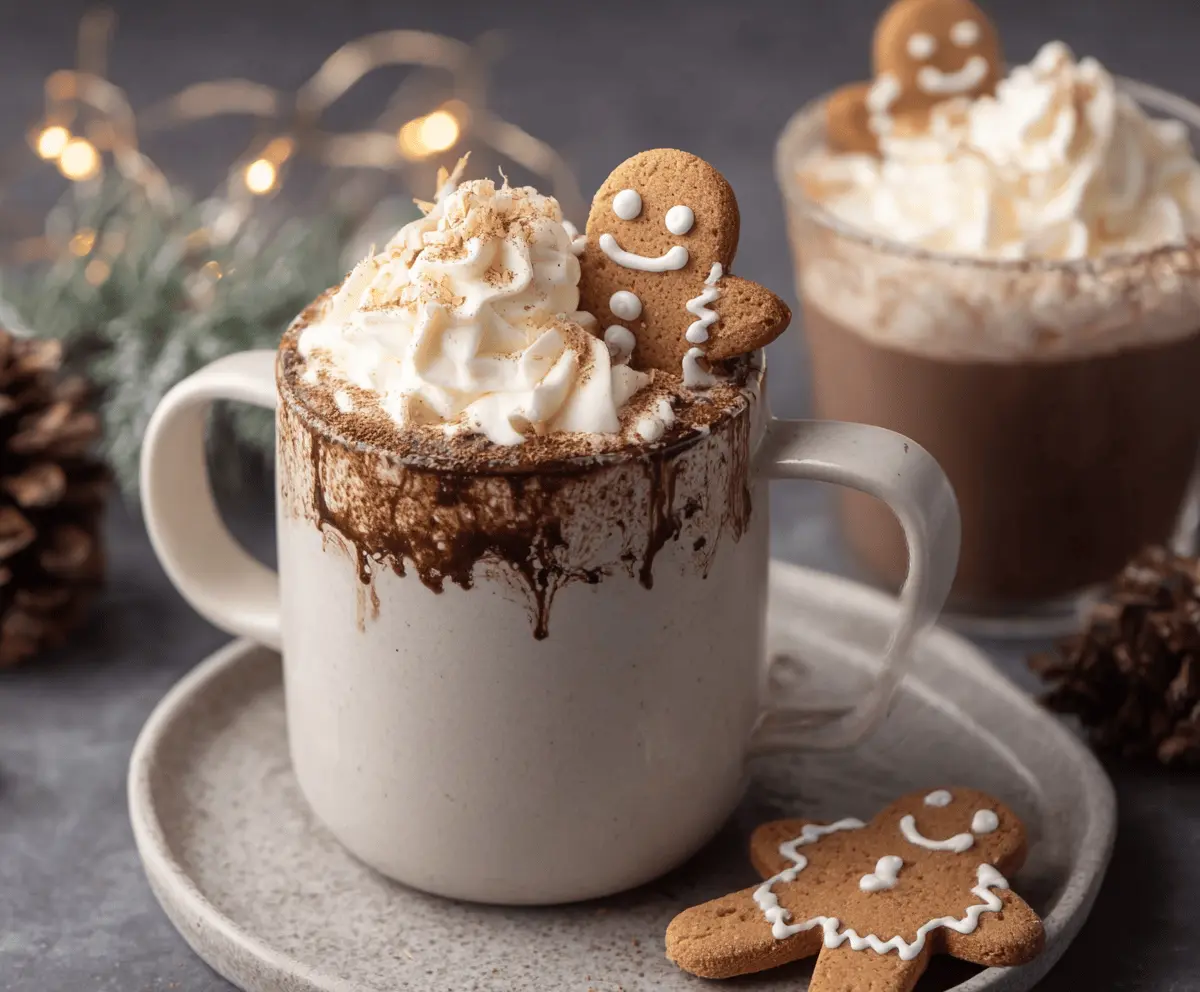 Creamy gingerbread hot chocolate topped with whipped cream and cinnamon, perfect for holiday cozy nights.