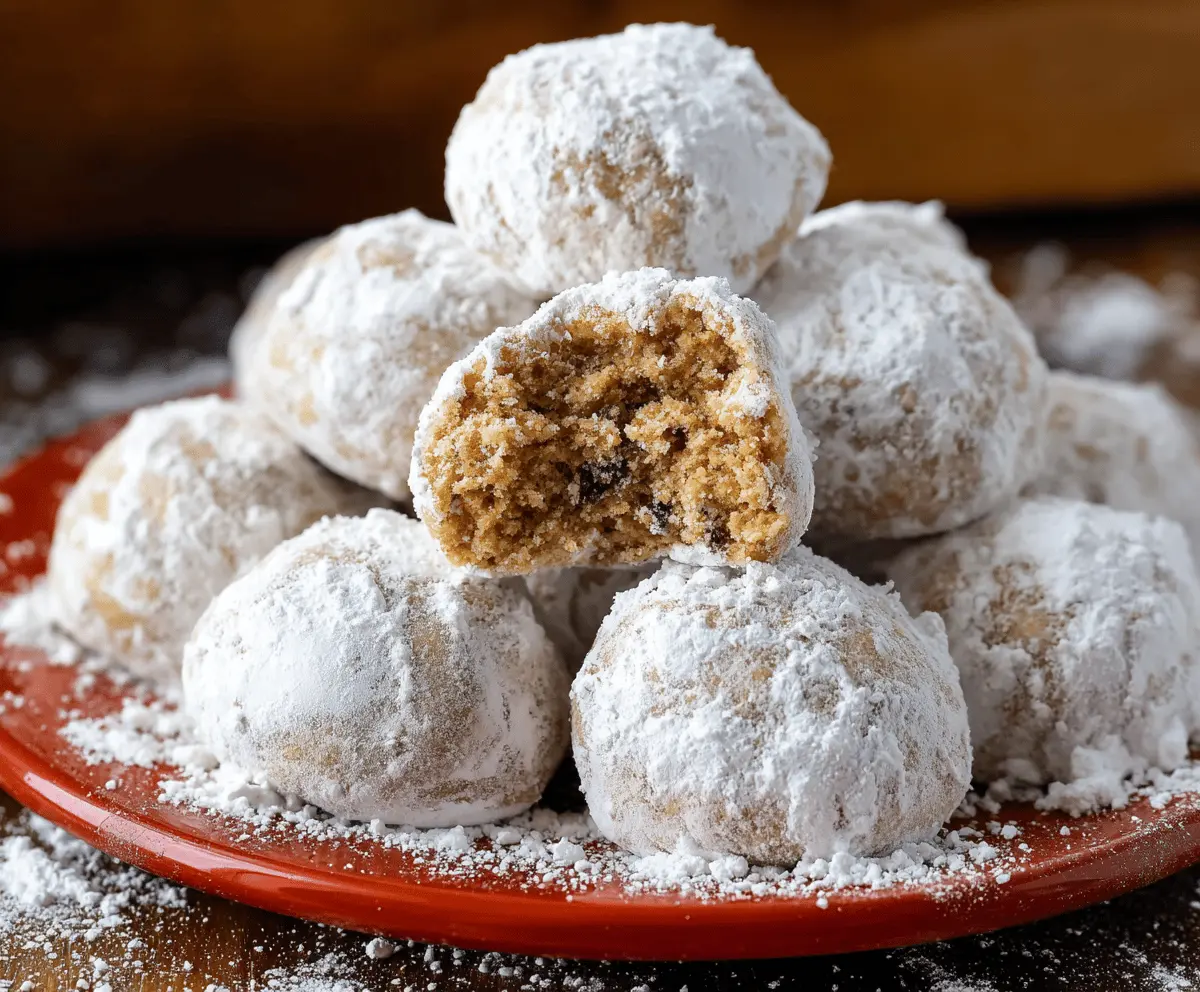 Delicious gingerbread snowball cookies coated in powdered sugar on a festive plate.