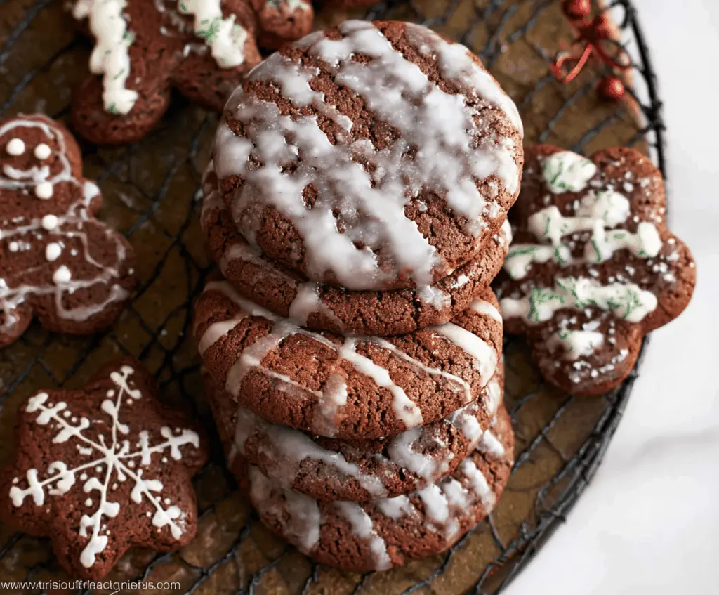 Delicious glazed chocolate gingerbread cookies garnished with shiny sugar glaze and spices.