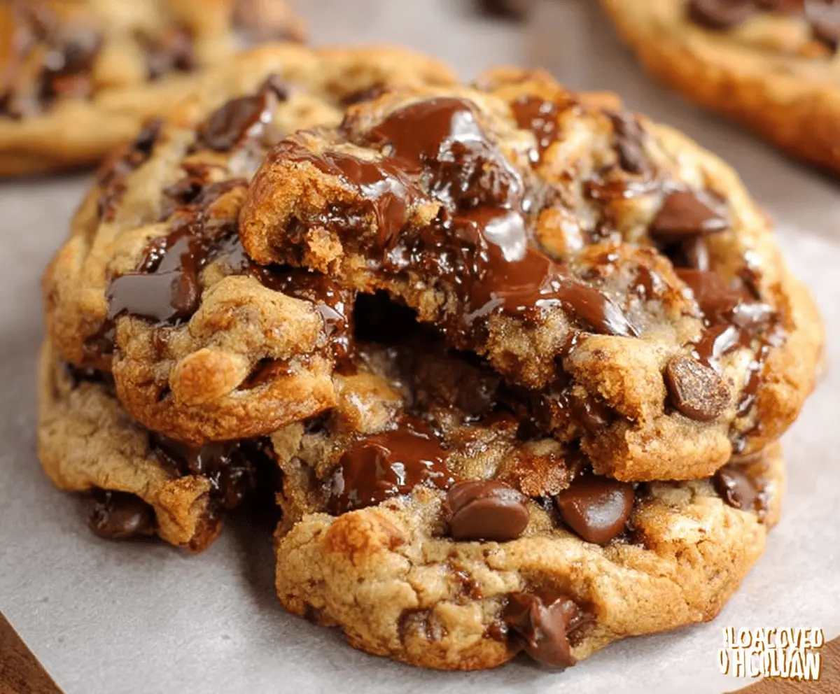 Delicious gooey chocolate chip cookies fresh out of the oven, showcasing melty chocolate bits and a perfect golden crust.