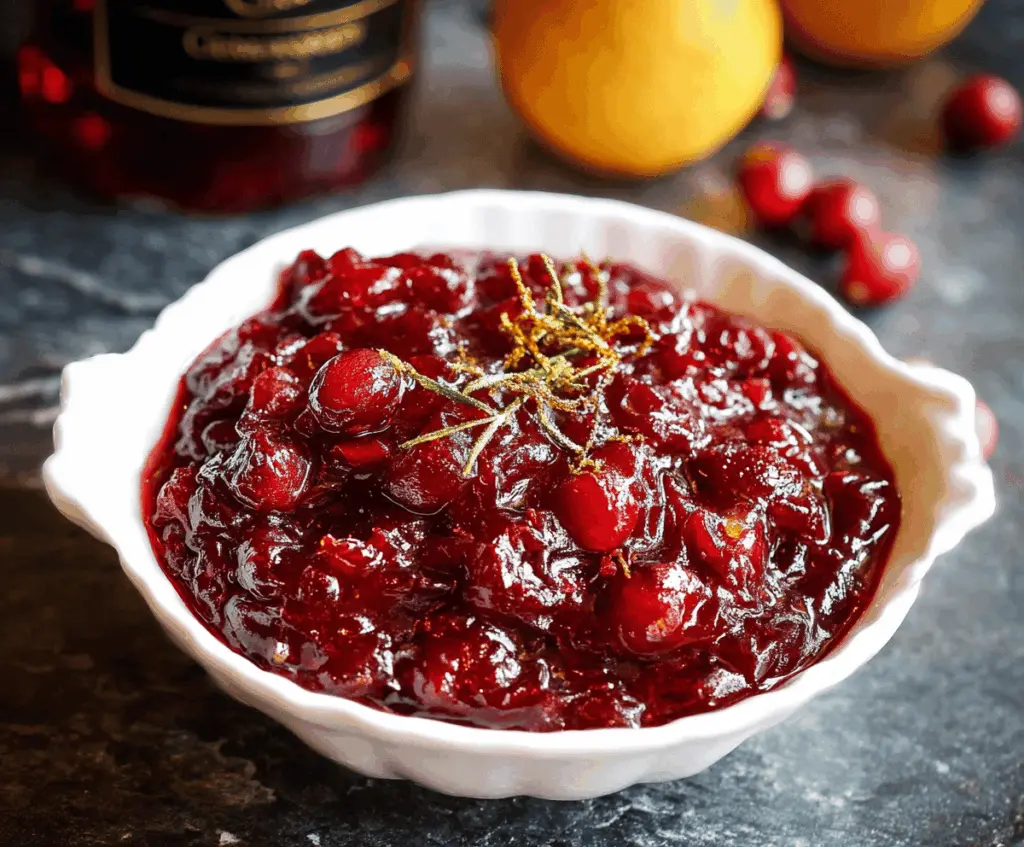 Delicious Grand Marnier Cranberry Sauce served in a bowl for festive celebrations.