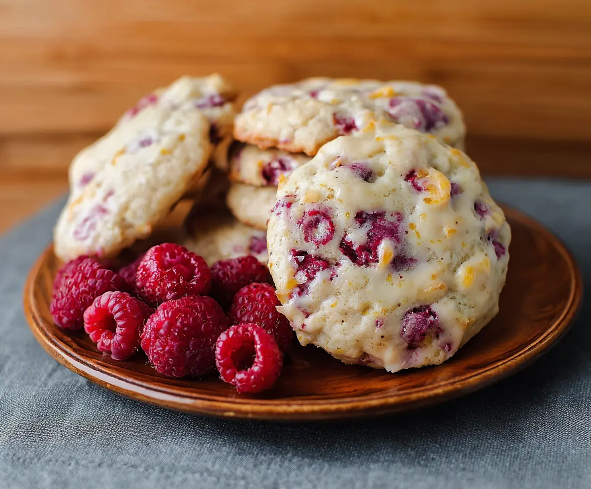 Delicious Greek Yogurt Raspberry Cookies on a white plate, showing a close-up of fresh berries and baked cookies.