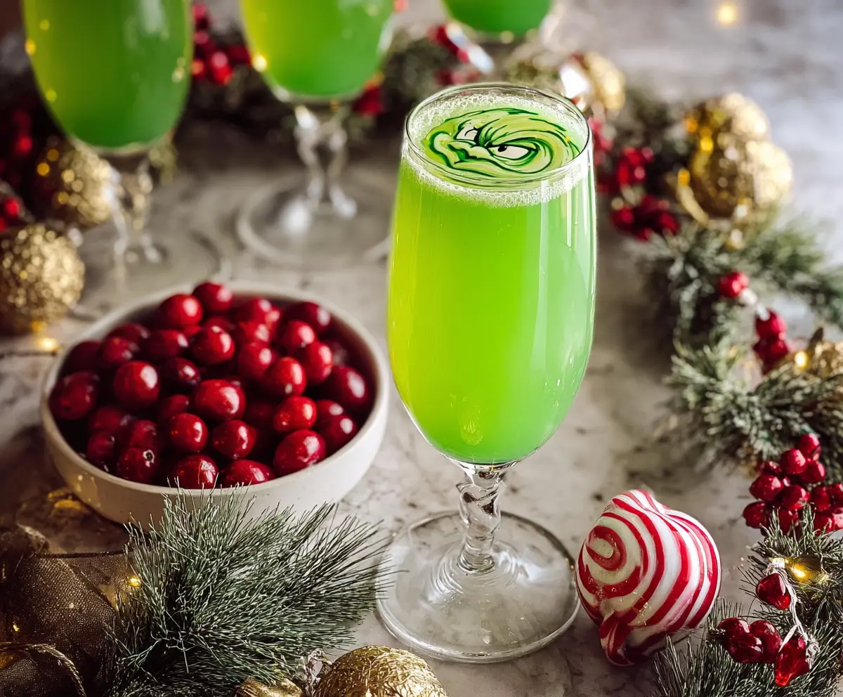 Festive Grinch Mimosa cocktail in a glass with green drink, garnished with a cherry and mint for holiday celebrations