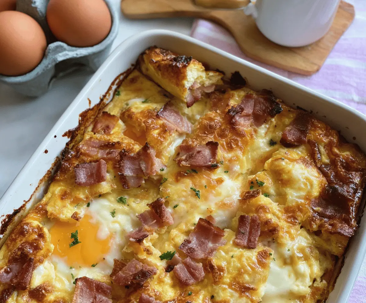 Delicious Ham Breakfast Casserole with eggs, cheese, and herbs served in a baking dish.