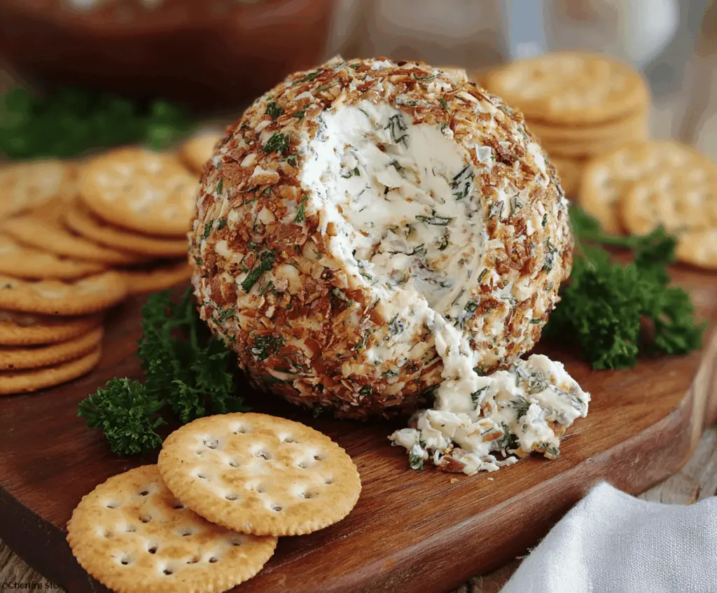 Creamy Herb and Garlic Cheese Ball with fresh herbs on a platter, perfect for appetizer spread.