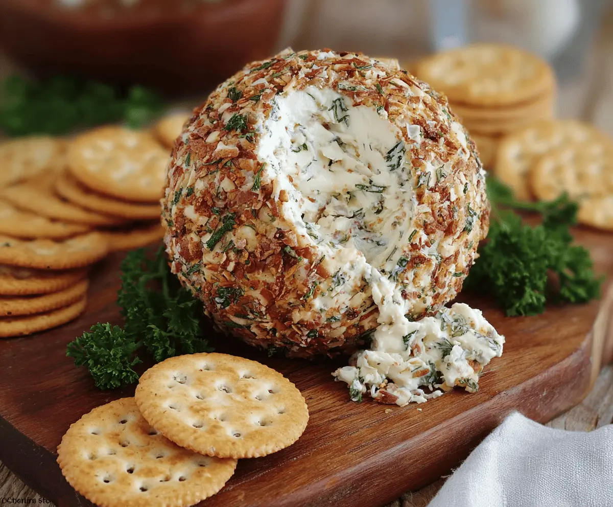 Creamy Herb and Garlic Cheese Ball with fresh herbs on a platter, perfect for appetizer spread.
