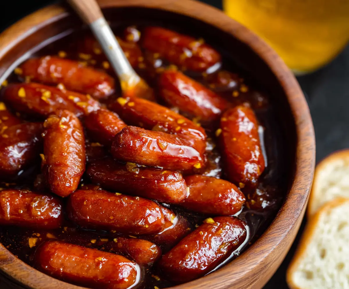 Delicious Honey Garlic Cocktail Smokies on a serving platter, perfect for parties and appetizers