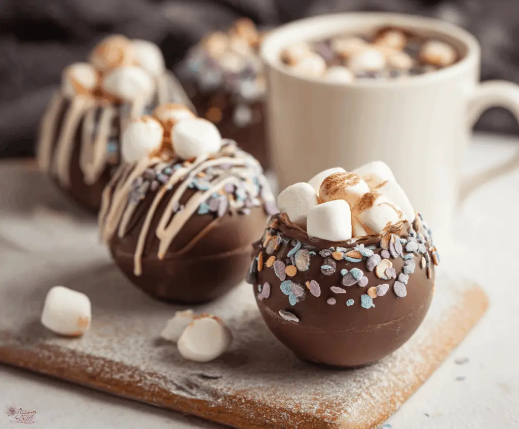 Delicious homemade hot chocolate bombs with rich cocoa and marshmallows in a festive setting