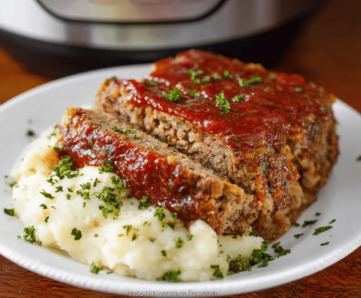 Delicious homemade Instant Pot meatloaf garnished with fresh herbs on a serving plate.