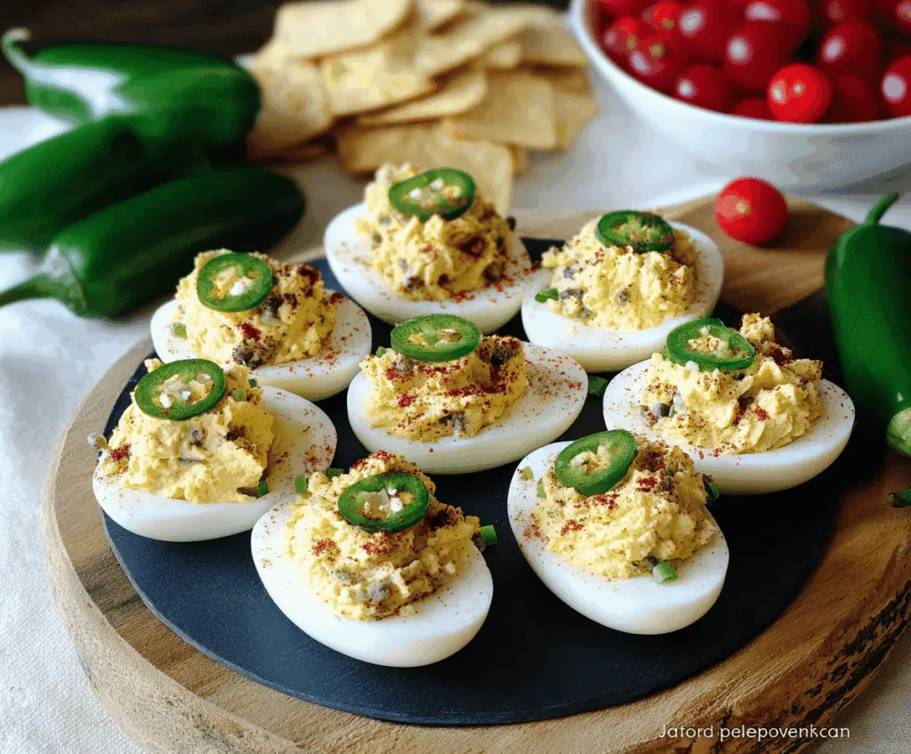 Spicy jalapeño deviled eggs garnished with fresh herbs on a white plate.