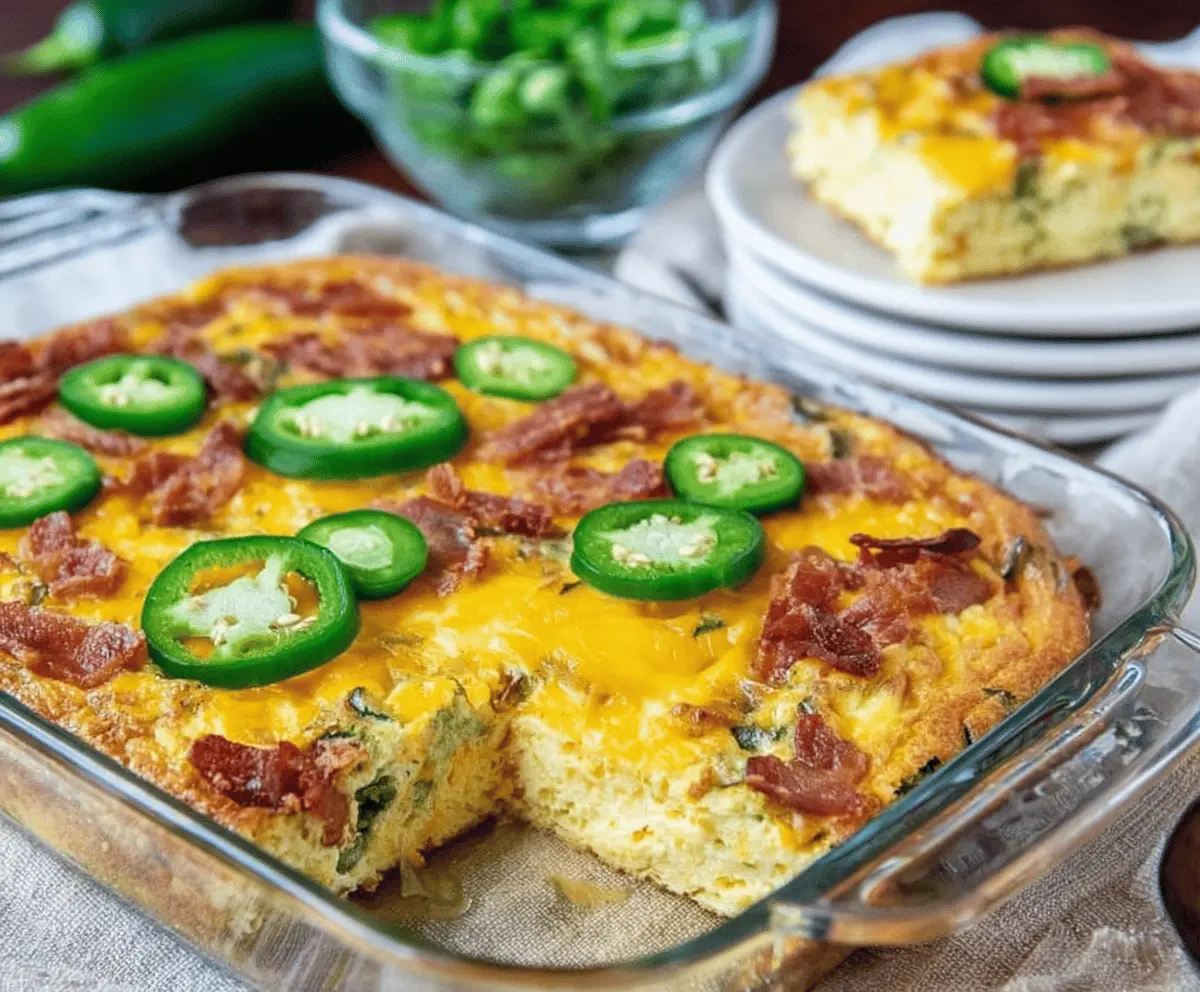 Delicious Jalapeño Popper Breakfast Casserole with melted cheese and spicy jalapeños, perfect for a hearty breakfast.