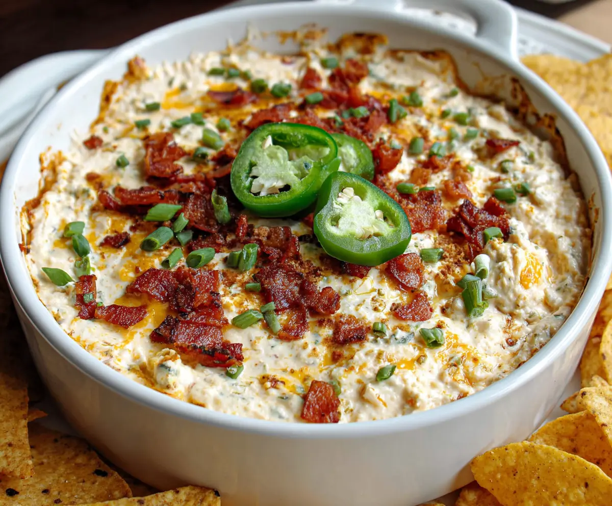 Creamy jalapeño popper dip topped with melted cheese and crispy bacon, served with tortilla chips.