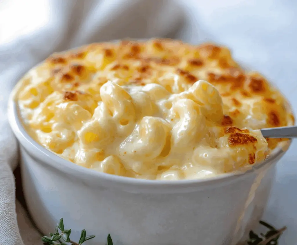 Creamy Joanna Gaines Mac and Cheese with melted cheese and a smooth cream cheese sauce served in a rustic bowl.