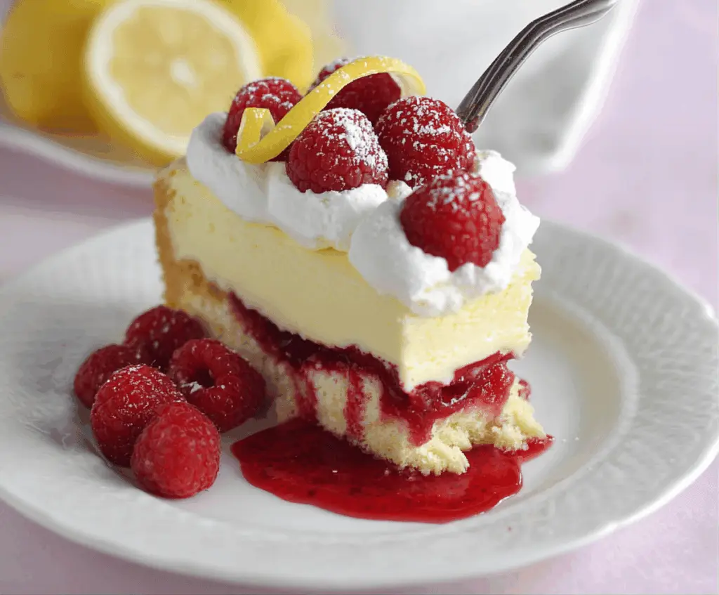 Delicious Lemon Raspberry Cheesecake with a creamy filling and fresh fruit topping.