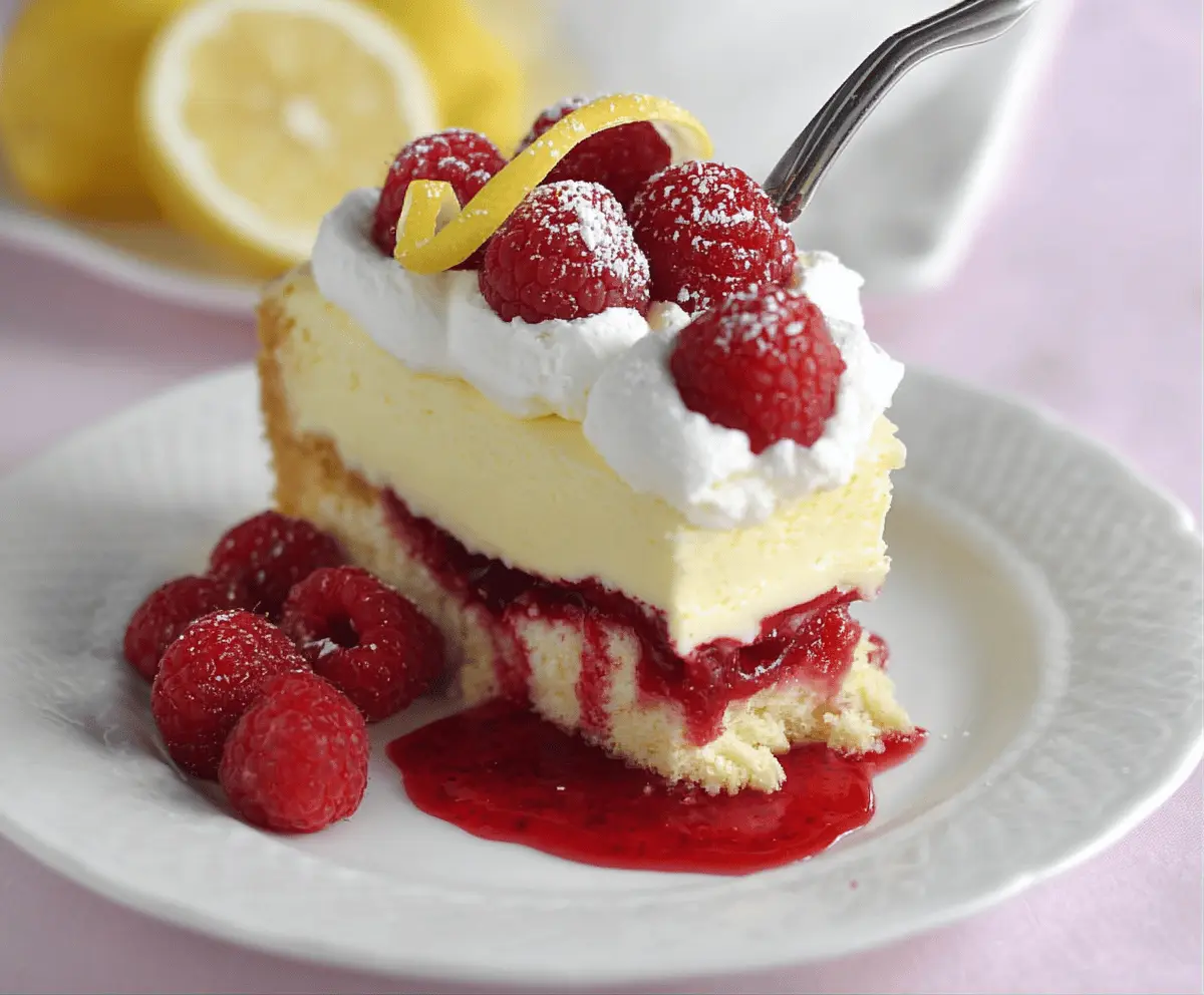 Delicious Lemon Raspberry Cheesecake with a creamy filling and fresh fruit topping.