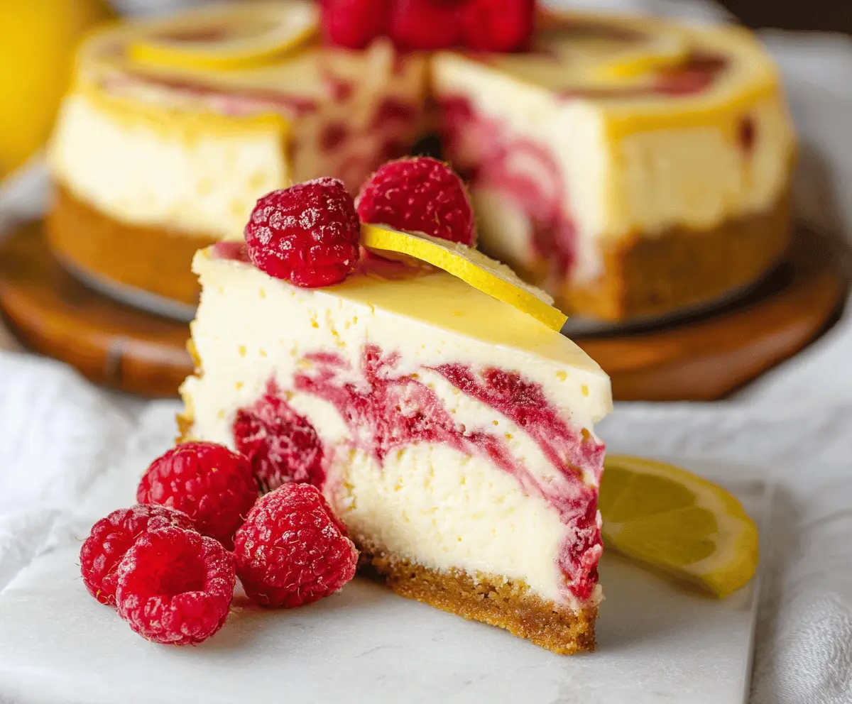 Creamy Lemon Raspberry Swirl Cheesecake with fresh raspberry topping and lemon zest.