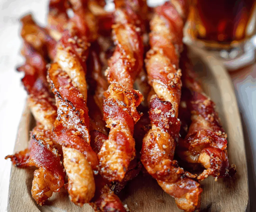 Delicious Maple Bacon Twists with crispy bacon and sweet maple glaze on a rustic baking sheet.