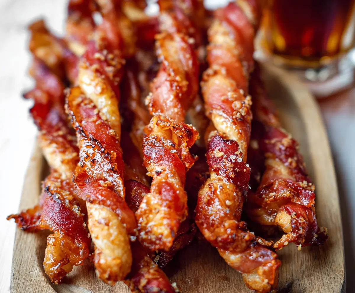 Delicious Maple Bacon Twists with crispy bacon and sweet maple glaze on a rustic baking sheet.