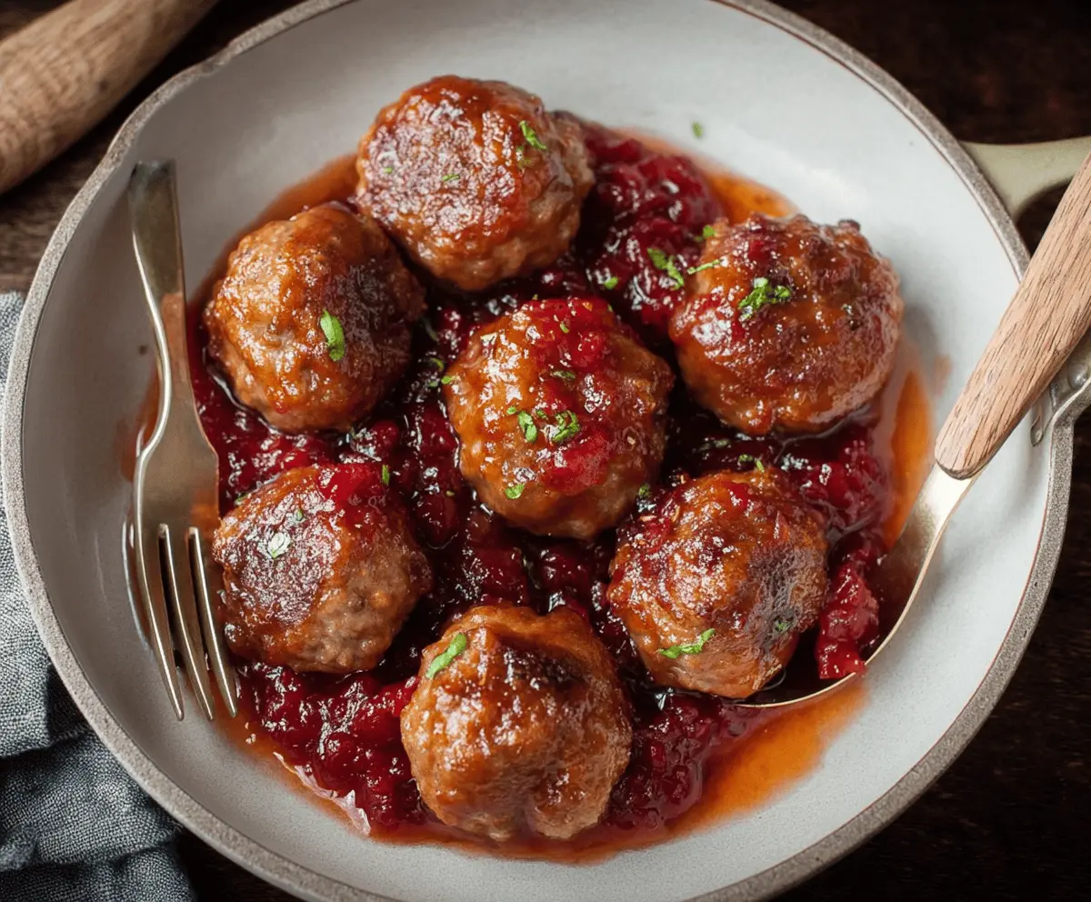Delicious meatballs served in a rich cranberry sauce, perfect for a festive appetizer.