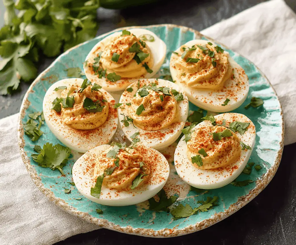 Delicious Mexican-inspired deviled eggs garnished with fresh herbs on a white plate