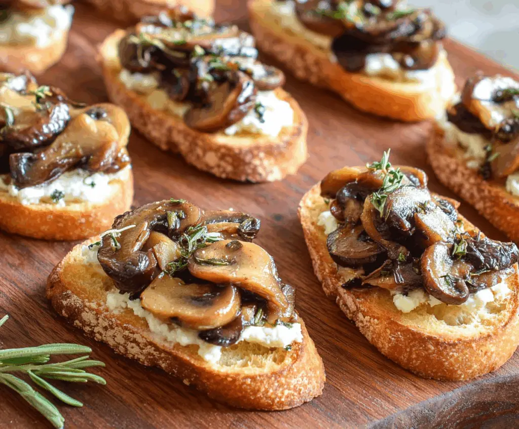 Delicious Mushroom Crostini with sautéed mushrooms and fresh herbs on toasted baguette.