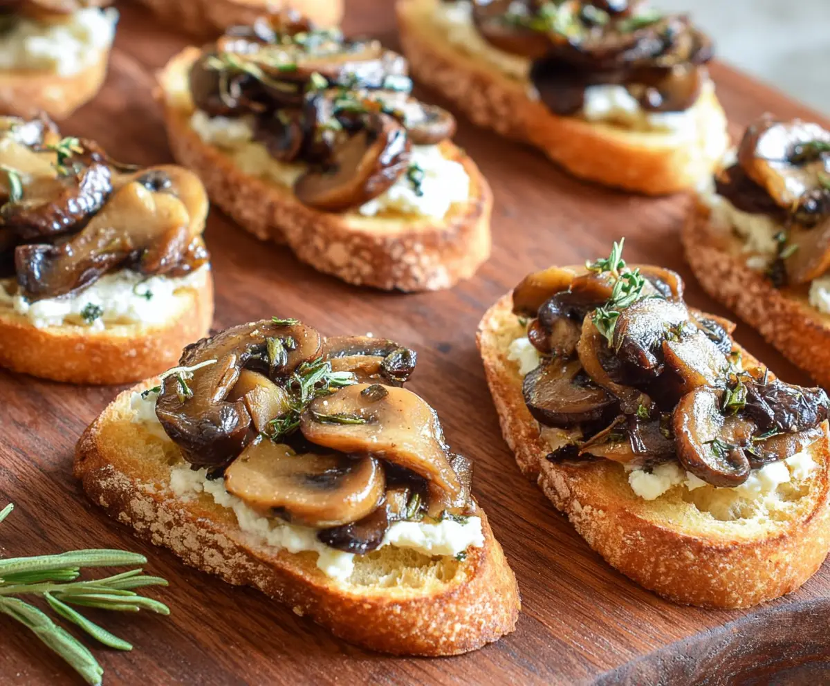 Delicious Mushroom Crostini with sautéed mushrooms and fresh herbs on toasted baguette.