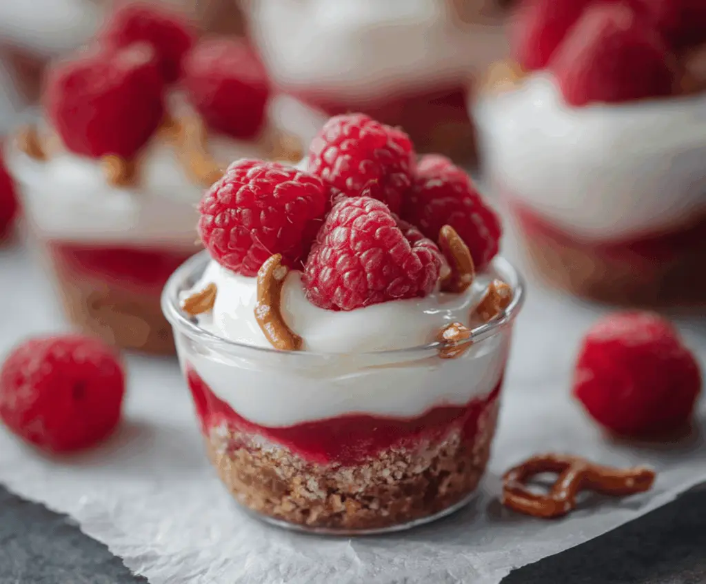 Delicious no-bake raspberry pretzel cups with creamy filling and crunchy pretzel crust perfect for a quick dessert.