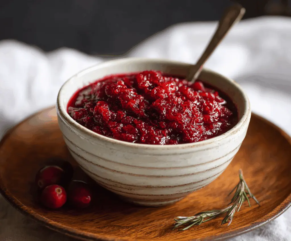 Homemade no cook cranberry sauce served in a glass bowl with fresh cranberries and citrus slices for a festive holiday dessert.