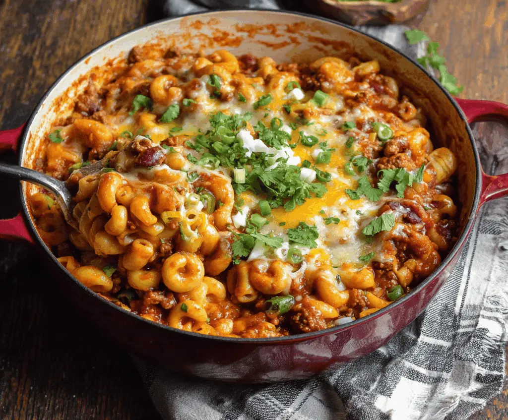 Delicious One Pot Chili Mac and Cheese served in a bowl, showcasing creamy cheese and chili toppings.