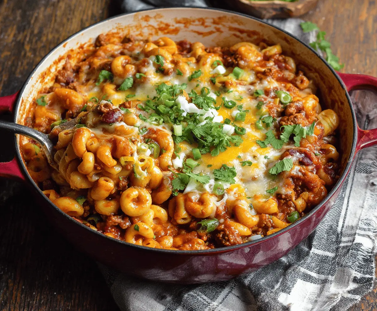 Delicious One Pot Chili Mac and Cheese served in a bowl, showcasing creamy cheese and chili toppings.