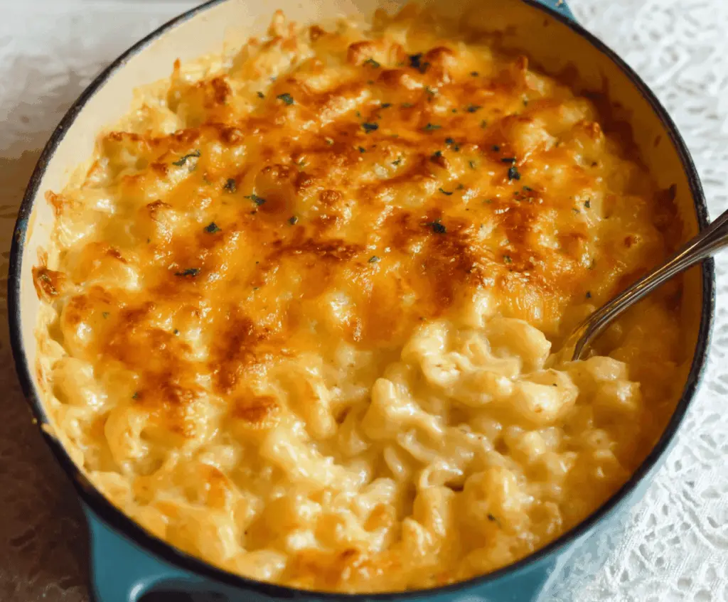 Creamy Paula Deen's Mac And Cheese served in a rustic bowl, topped with melted cheese and herbs.