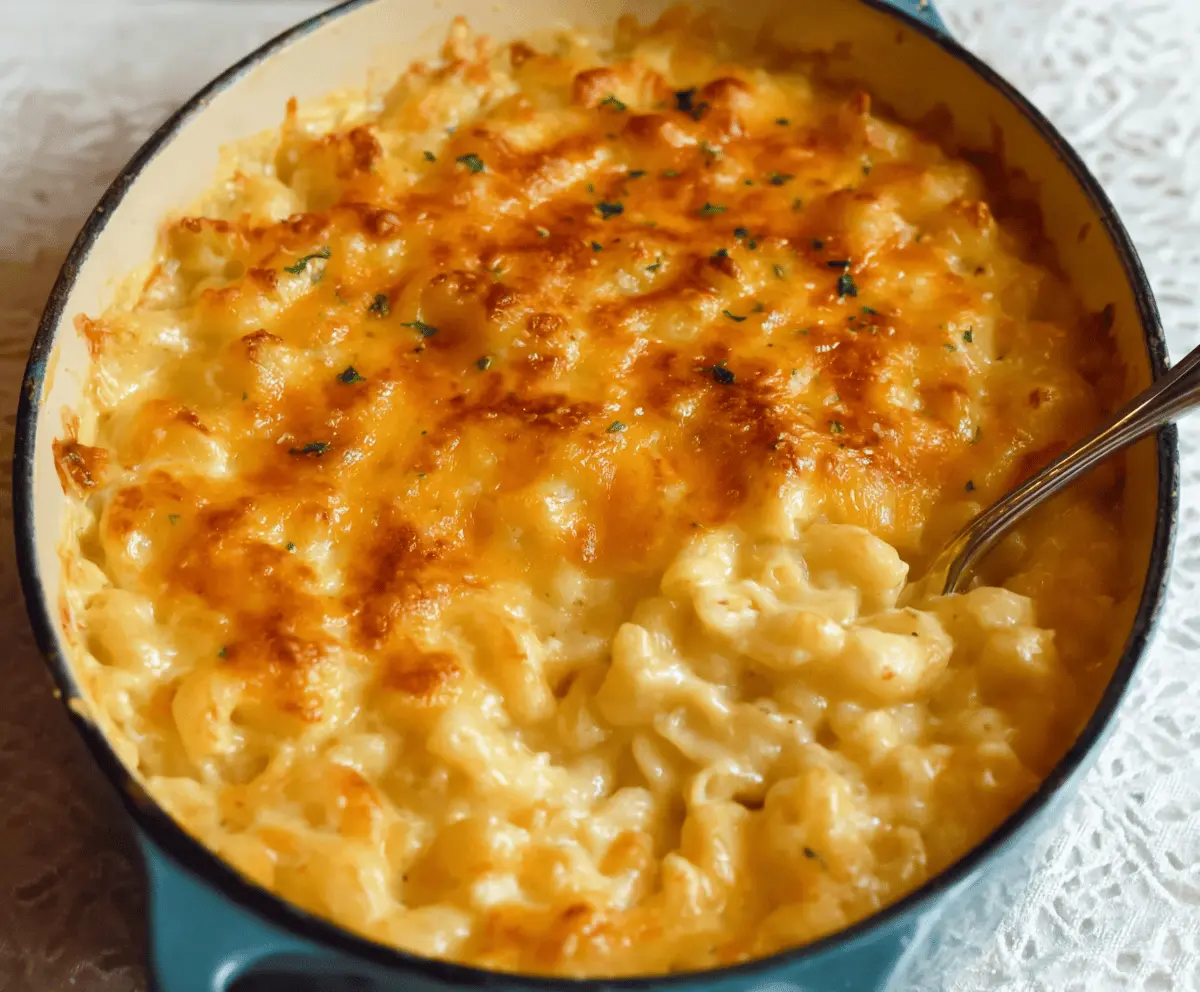 Creamy Paula Deen's Mac And Cheese served in a rustic bowl, topped with melted cheese and herbs.