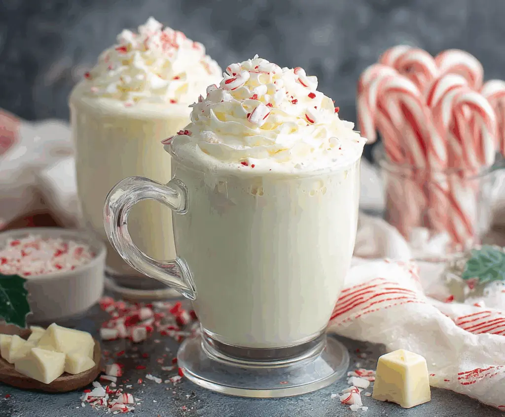 Creamy peppermint white hot chocolate topped with whipped cream and crushed peppermint candies.