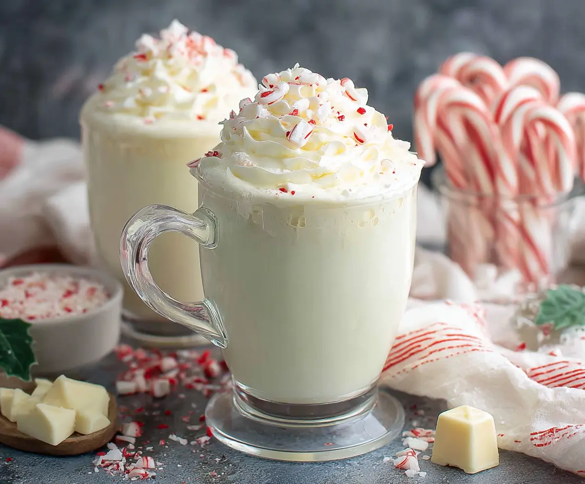 Creamy peppermint white hot chocolate topped with whipped cream and crushed peppermint candies.