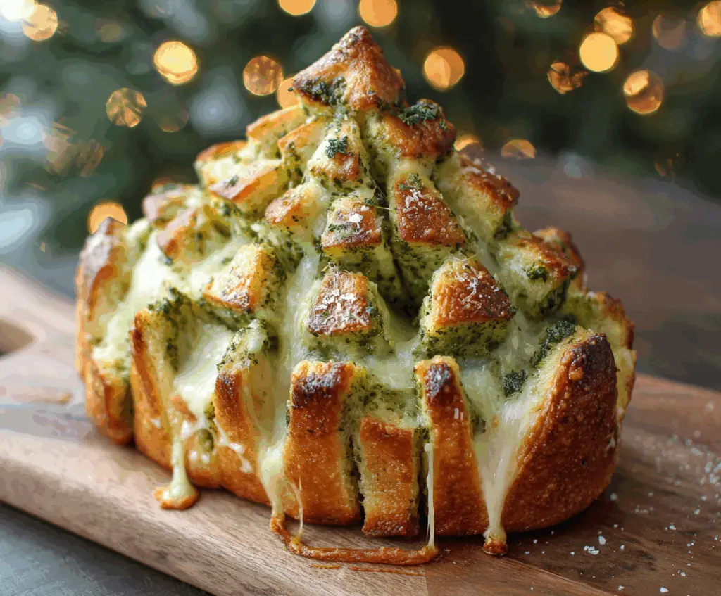 Delicious pesto Christmas Tree pull-apart bread decorated for the holidays on a festive table.