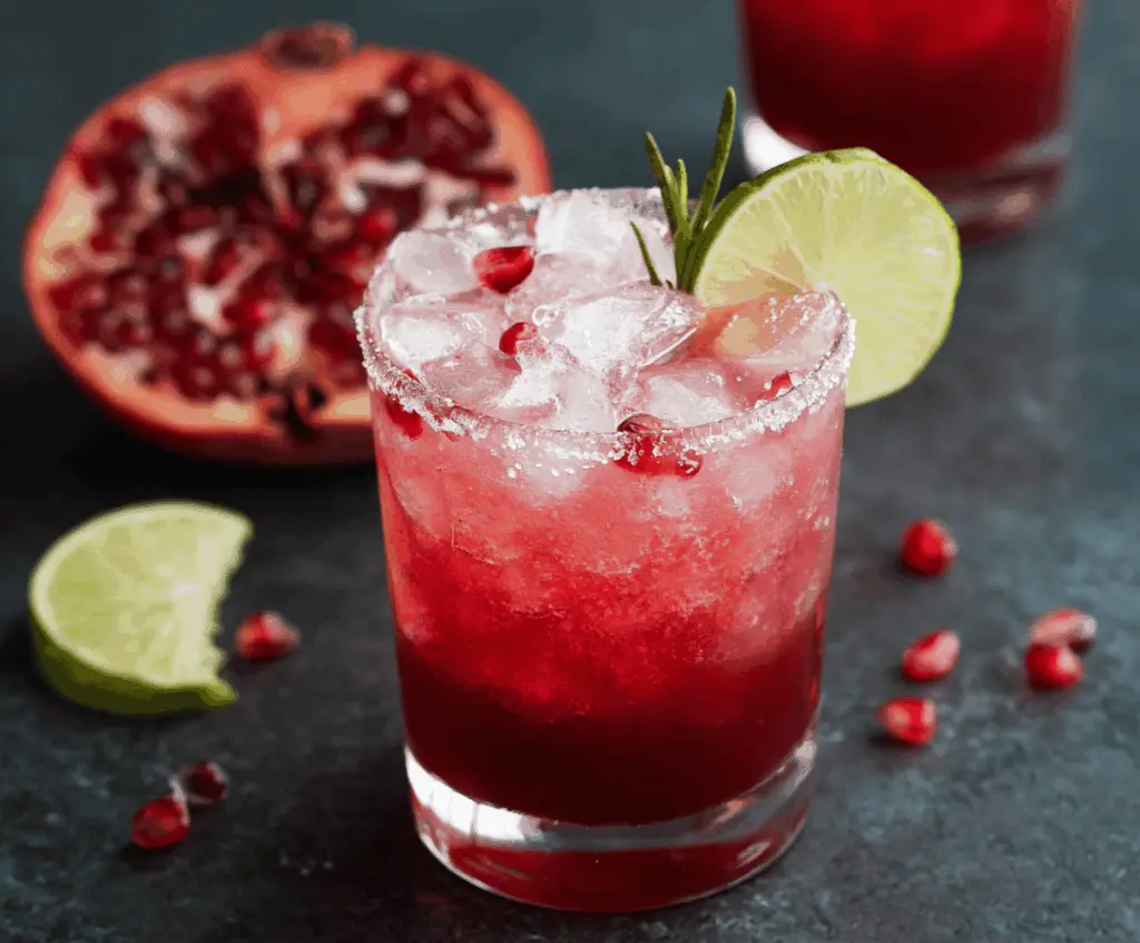 Refreshing Pomegranate Paloma cocktail in a glass garnished with fresh pomegranate seeds and a lime wedge.