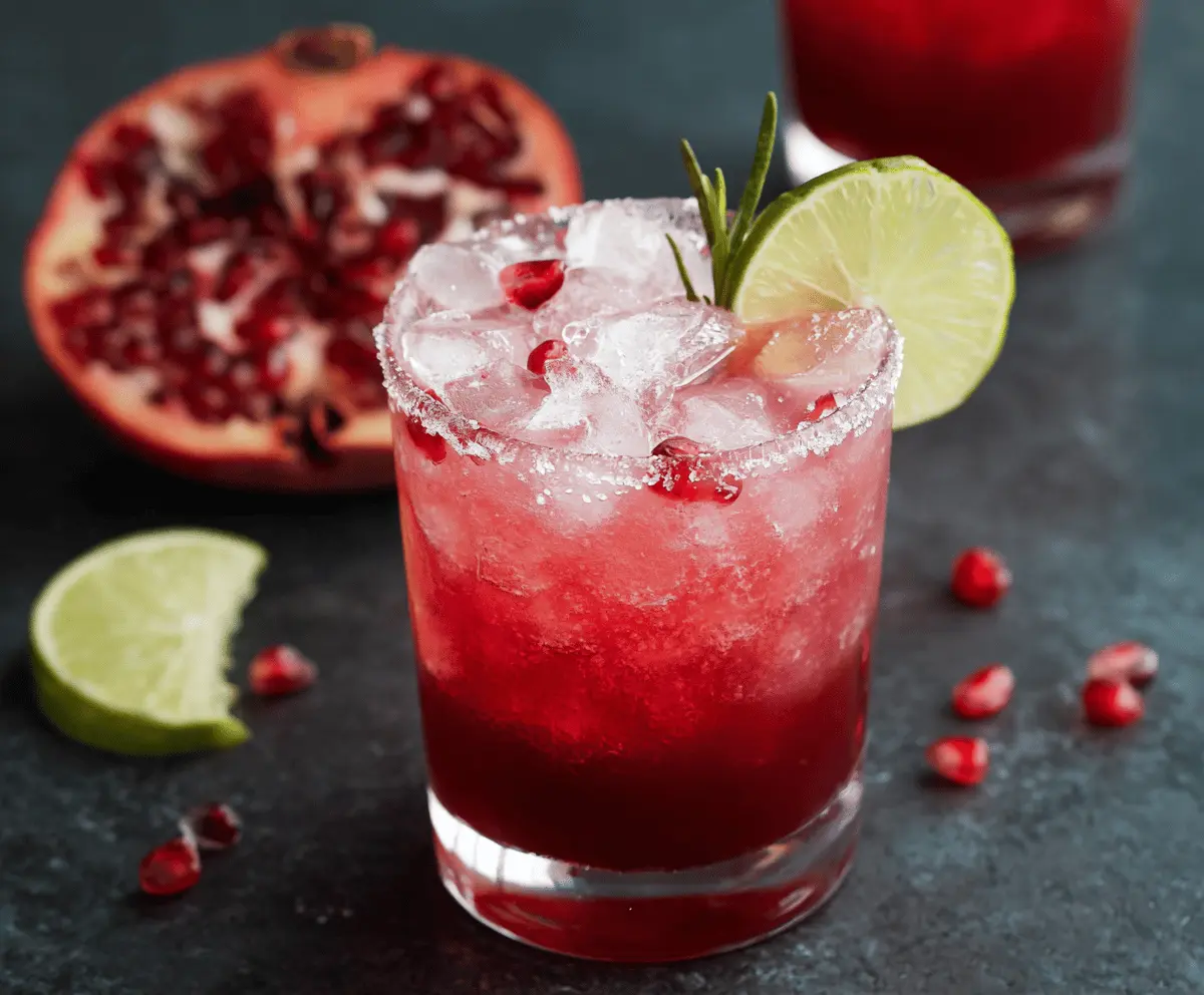 Refreshing Pomegranate Paloma cocktail in a glass garnished with fresh pomegranate seeds and a lime wedge.