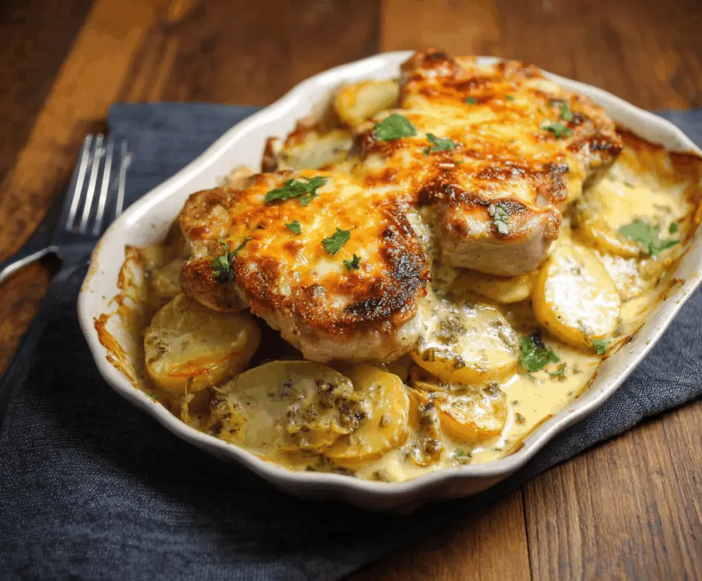Delicious pork chops and potatoes casserole served on a white plate, garnished with herbs.
