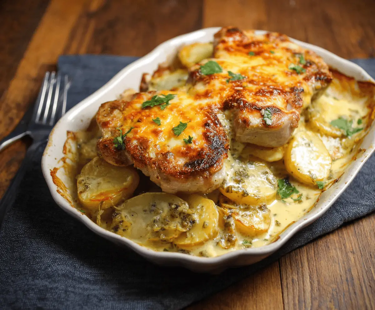 Delicious pork chops and potatoes casserole served on a white plate, garnished with herbs.