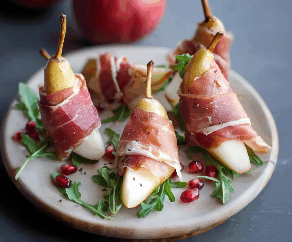 Delicious prosciutto wrapped pears garnished with fresh herbs, perfect for elegant appetizers.