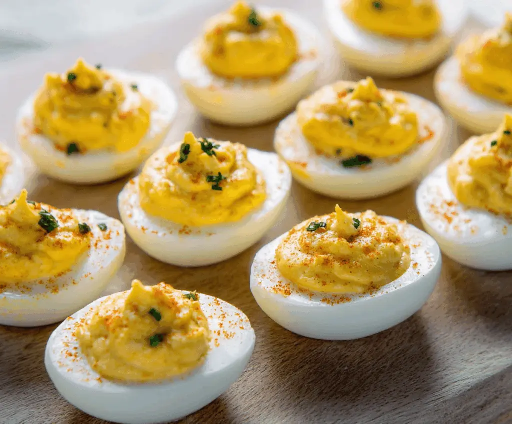 Creamy ranch-flavored deviled eggs garnished with paprika and fresh herbs.