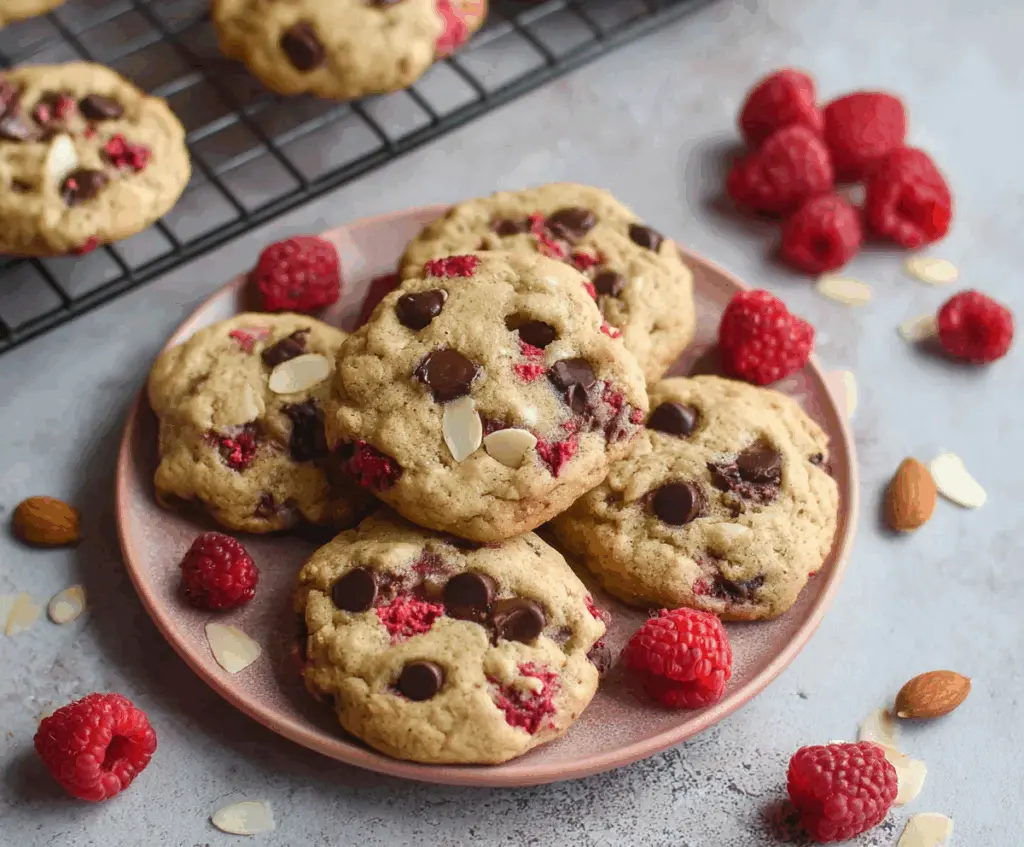 Delicious raspberry almond chocolate chip cookies with a golden-brown finish and sprinkled with almond slices.