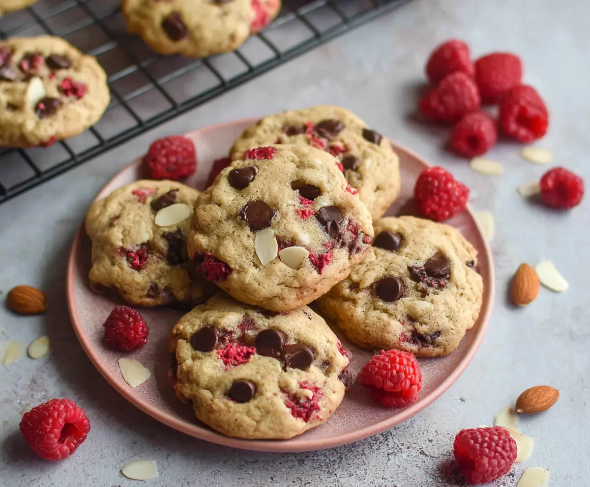 Delicious raspberry almond chocolate chip cookies with a golden-brown finish and sprinkled with almond slices.