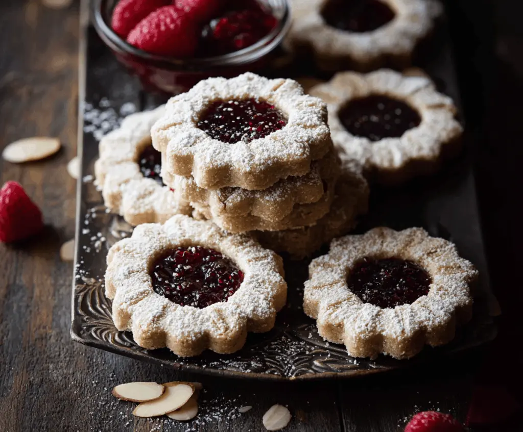 Delicious Raspberry Almond Linzer Cookies with jam-filled centers on a rustic plate.