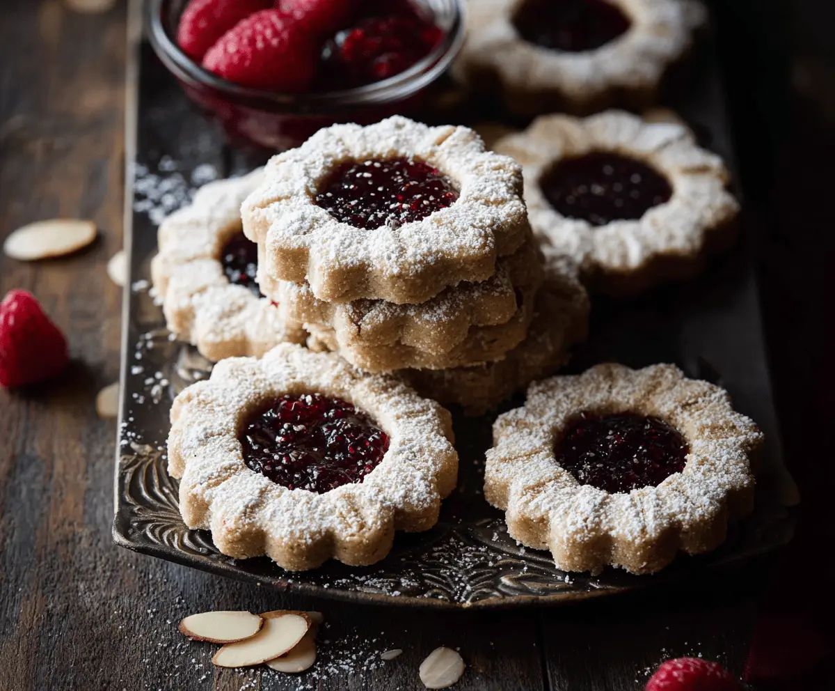 Delicious Raspberry Almond Linzer Cookies with jam-filled centers on a rustic plate.