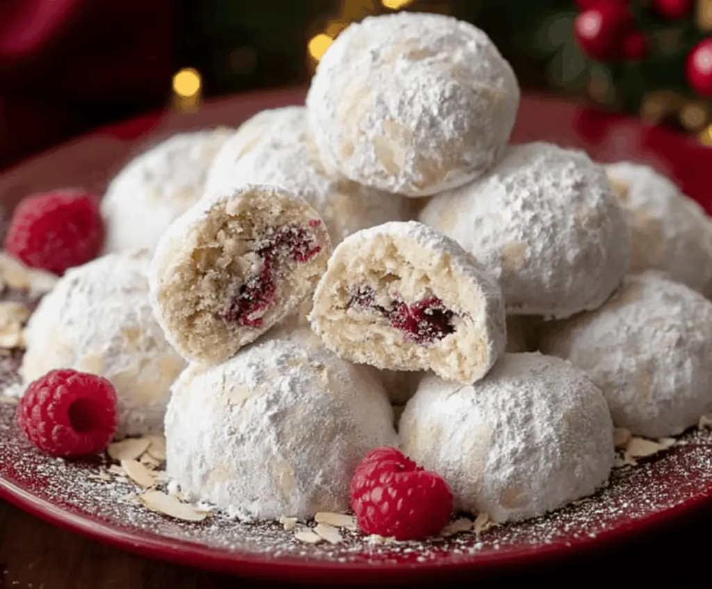 Delicious Raspberry Almond Snowball Cookies dusted with powdered sugar, perfect for holiday treats.