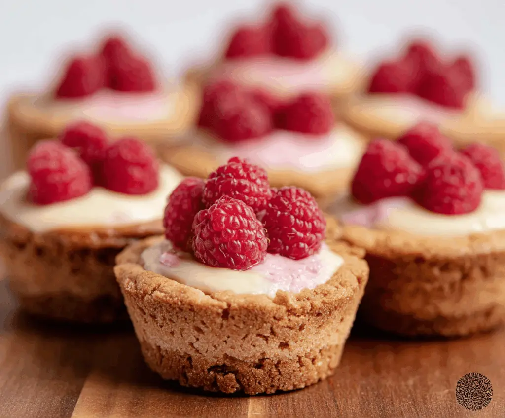 Delicious raspberry cheesecake cookie cups garnished with fresh raspberries and a thick cheesecake filling.